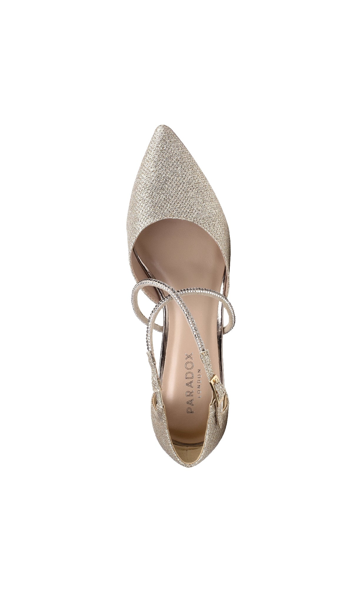 Top view of a single Kennedy Champagne Prom Shoe by Paradox London P2238, featuring gold glitter, stiletto heel, pointed closed toe, ankle strap with buckle, and